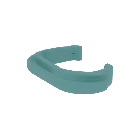 A 3D render of a teal mouthguard against a black background, showing its curved shape.