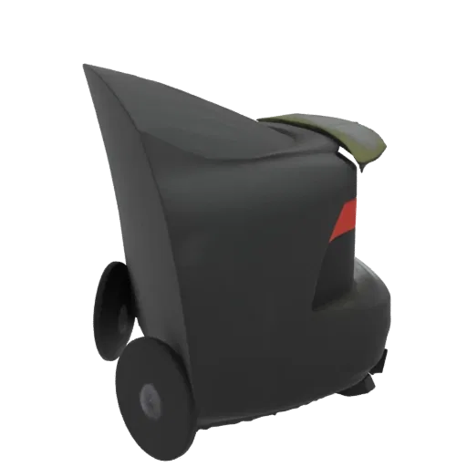 3D model of a futuristic black sporty luggage with a distinctive olive-green spoiler and red taillight detail, shown from a r