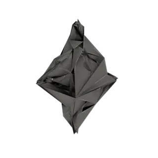 A 3D render of a dark, abstract geometric sculpture with sharp angles and complex folded planes, set against a white backgrou
