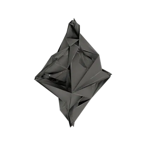 Una renderización 3D de una escultura geométrica abstracta oscura con ángulos agudos y planos plegados complejos, sobre un fo