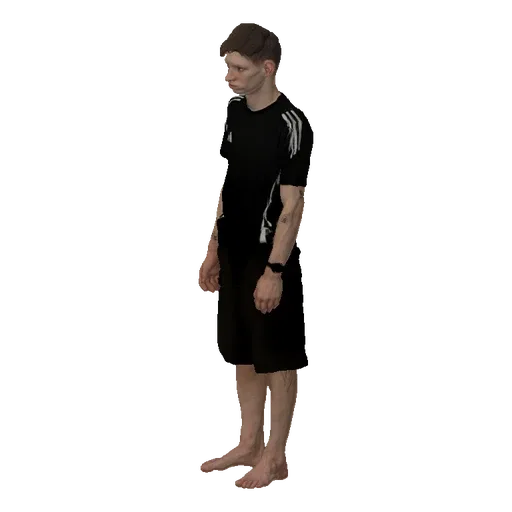 3D model of a young man wearing a black Adidas t-shirt and shorts, standing barefoot.