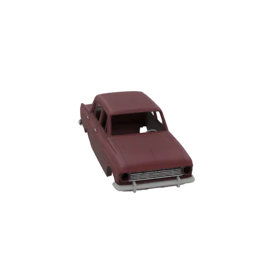 A 3D model of a maroon 1960s sedan, viewed from a slightly elevated front-right angle, against a white background.