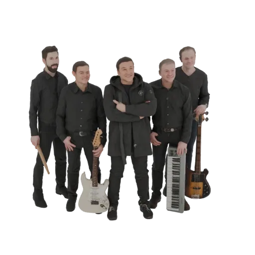 A 3D model of a modern band of five musicians in black clothing, holding guitars, a keyboard, and drumsticks.