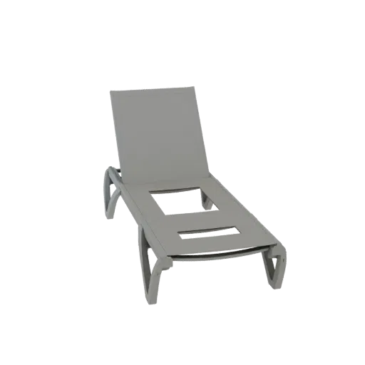 Ein 3D-Modell-Rendering eines modernen, grauen Loungesessels mit geneigter Rückenlehne und minimalistischem Rahmen, vor weiße