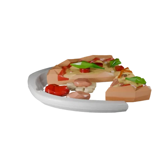 Pizza Low Poly 3D model, game viewport three-quarter view, showing sauces, plated composition.