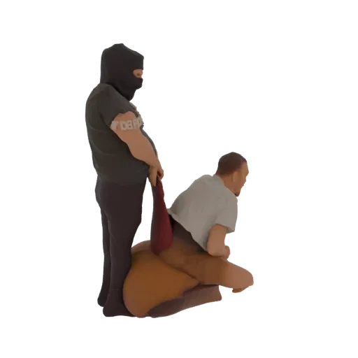 3D model of a masked figure in a black balaclava pulling the trousers of a crouching man.