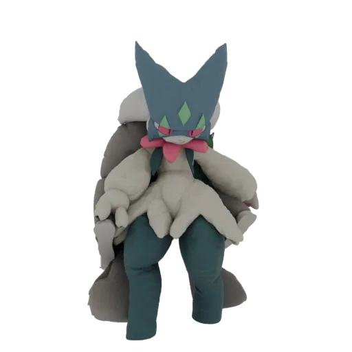 3D model of Delphox Pokémon depicted as a soft, plush toy with blue headpiece and pink floral accents, against a black backgr