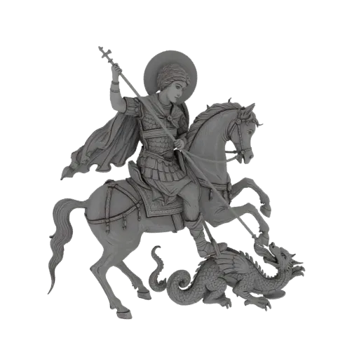 3D model of Saint George on horseback, spearing a dragon, with a halo around his head.