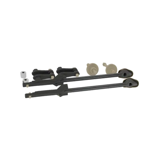 3D model of an automotive suspension linkage set, featuring dark gray rods and beige bushings, arranged on a white background