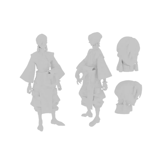 3D-Modell-Render einer stilisierten Anime-Figur mit fließenden Gewändern und einzigartiger Frisur, aus mehreren Winkeln gezei