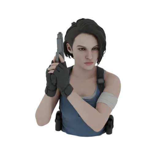 3D model of Jill Valentine from Resident Evil, a female character with short dark hair, wearing a blue tank top and holding a