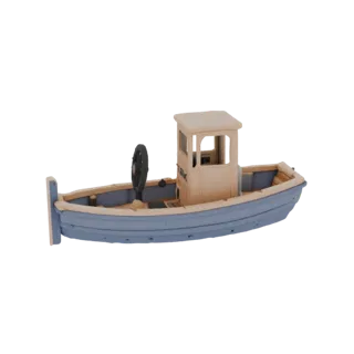 Modello 3D di barca per bambini nei colori blu e beige, con cabina semplice e timone, su sfondo bianco
