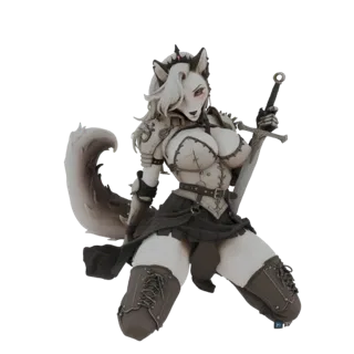 3D model of a fantasy wolf warrior with white hair, red eyes, wearing armor and holding a sword, kneeling.