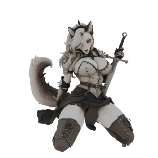 3D model of a fantasy wolf warrior with white hair, red eyes, wearing armor and holding a sword, kneeling.