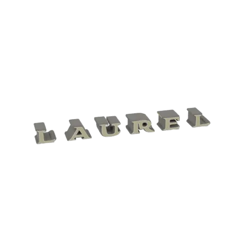 3D model of the word 'Laurel' spelled out in metallic silver letters with beige accents.