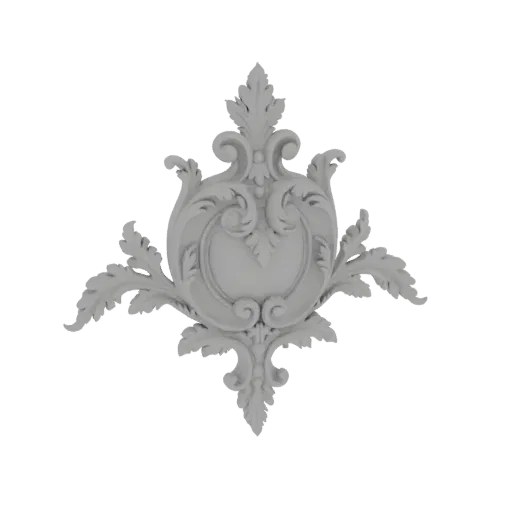3D-Modell eines Barock-Ornaments mit filigranen Schnörkeln und floralen Motiven, mattgrau.