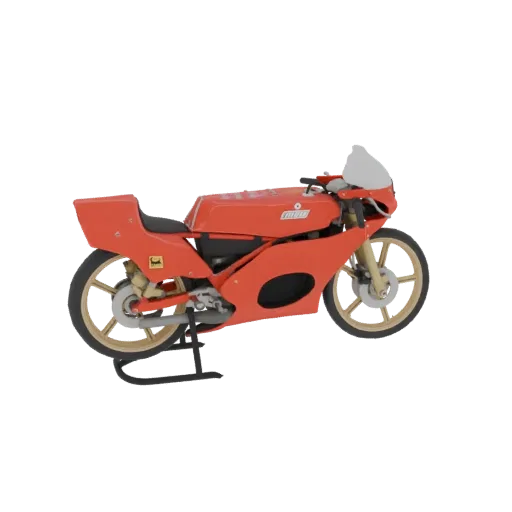 Side view of a detailed 3D model of a vintage red racing motorcycle on a black background.