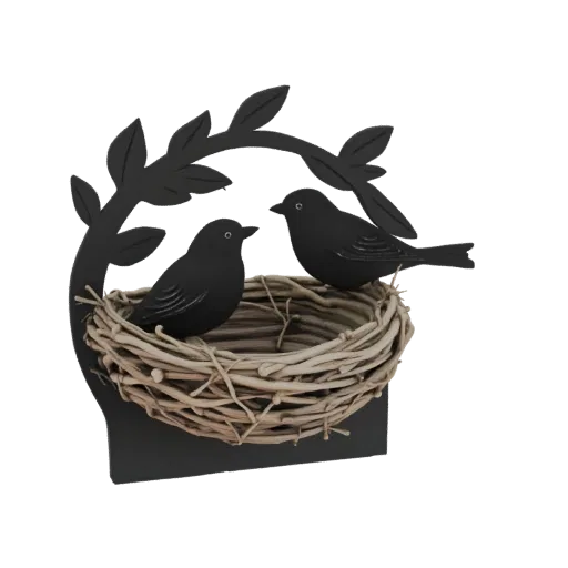 Modelo 3D de dos pájaros negros en un nido de ramitas con una rama decorativa, renderizado sobre un fondo blanco.