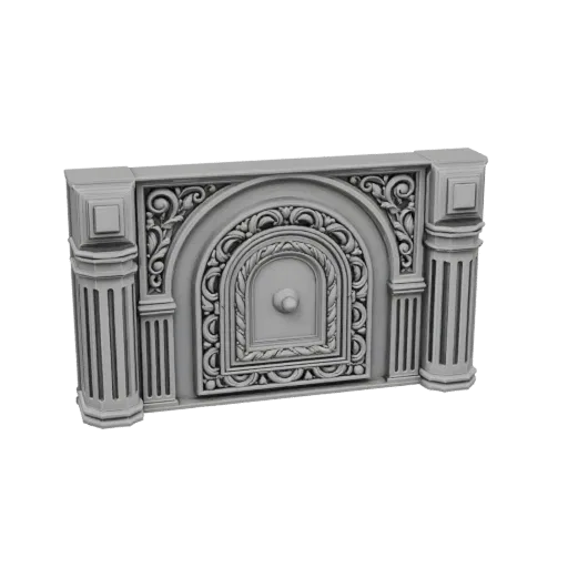 3D model of an ornate classical archway with fluted Corinthian columns and intricate decorative carvings, set against a black
