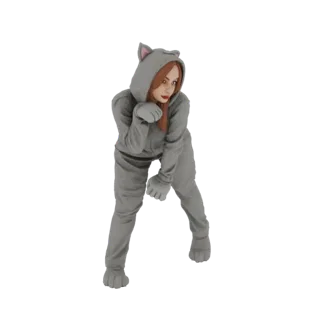 Modelo 3D de uma jovem em um kigurumi de gato cinza, em pose brincalhona com orelhas de gato e luvas de pata, contra um fundo