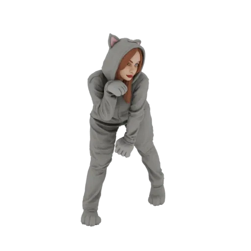 Modello 3D di una giovane donna in un kigurumi da gatto grigio, in posa giocosa con orecchie da gatto e guanti a zampa, su sf