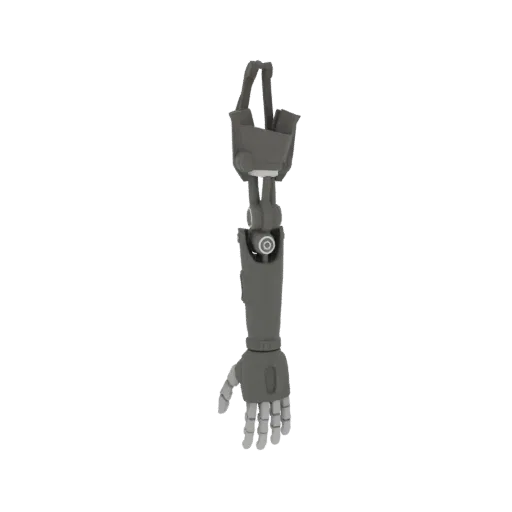 A detailed 3D model of a gray robotic arm with articulated joints and a gripper hand, presented against a white background.