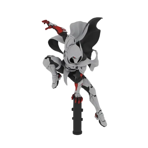 3D model of a cyberpunk vigilante in a dynamic pose, wearing white and grey armor with red accents and a flowing black and wh