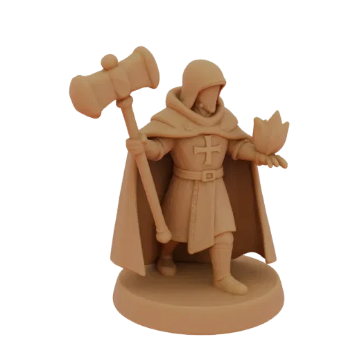 Miniature STL de Clerc Médiéval en Charge, rendu trois-quarts sur table, miniature de lanceur de sorts imprimable en résine a
