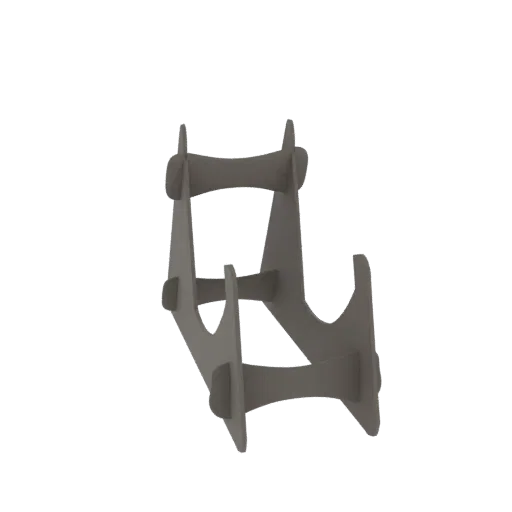 Ein minimalistisches, geometrisches 3D-Modell eines Präsentationsständers mit klaren Linien und abstrakter Form, gerendert in