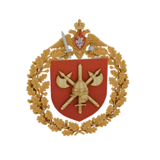 3D render of the Russian military emblem, featuring a golden oak wreath, red shield with crossed axes, and a double-headed ea