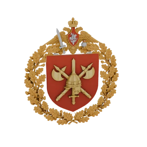 3D render of the Russian military emblem, featuring a golden oak wreath, red shield with crossed axes, and a double-headed ea