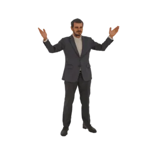 Modelo 3D de um homem de terno escuro, em pé com os braços estendidos em um gesto de apresentação ou boas-vindas contra um fu