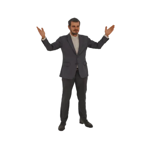 Modello 3D di un uomo in abito scuro, in piedi con le braccia tese in un gesto di presentazione o benvenuto su sfondo bianco.