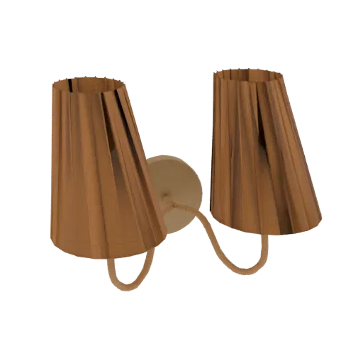 3D model of a double sconce lamp with two brown pleated cone shades and a cream base with rope accents, set against a black b