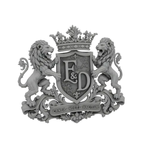 Modelo 3D de un escudo real con dos leones rampantes, una corona y una banda con texto.