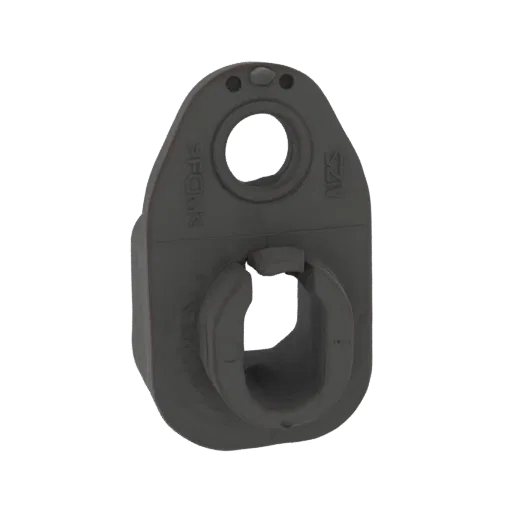 3D model render of a dark gray automotive bracket with an integrated clip and visible markings 'POMK' and 'SZV'.