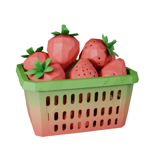 Ripe Strawberry Basket Low Poly 3D model, game viewport three-quarter view, showing skin pores, form detail.