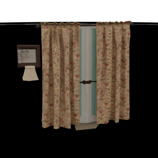 Floral Curtains with Framed Picture and Lamp