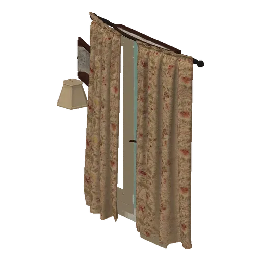 Modello 3D di tende floreali, quadro appeso al muro e piccola lampada, su sfondo scuro.