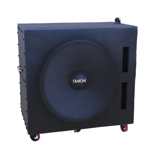 3D model of a black Olatone subwoofer speaker cabinet with a large central driver and dual bass reflex ports, mounted on whee