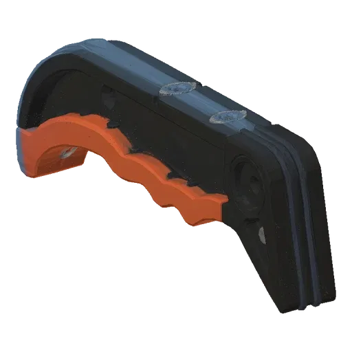3D model of a folding saw with a blue and orange ergonomic handle, shown on a neutral gray surface.