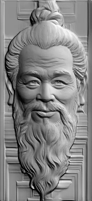 3D model of a wise old man bas-relief with a long beard, wrinkles, and hair bun, in a classic style.