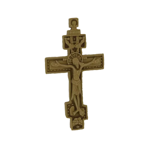 3D model of an Orthodox crucifix with Jesus Christ, skull and crossbones, and gold metallic finish.