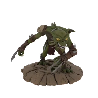 Modèle 3D d'un guerrier gobelin vert avec des griffes acérées, portant une armure de cuir, debout sur une base rocheuse, avec