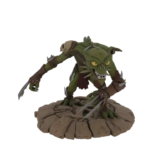 3D-Modell eines grünen Goblin-Kriegers mit scharfen Klauen, in Lederrüstung, auf einem felsigen Sockel stehend, mit bedrohlic
