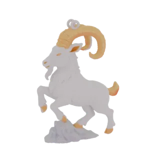 3D model of a stylized white goat with golden horns and hooves, standing on a rock, with one front leg raised.