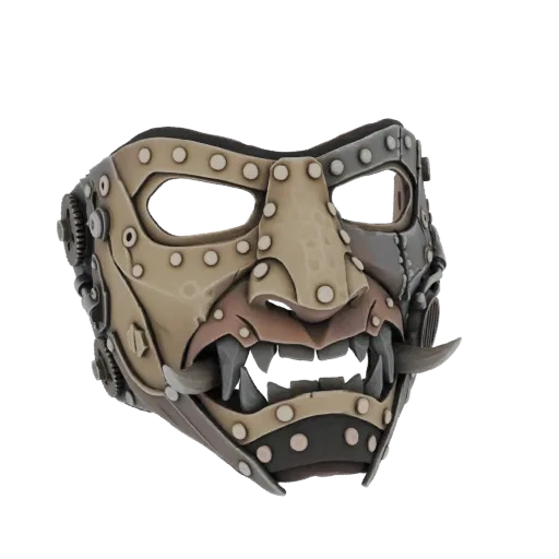 A detailed 3D render of a Steampunk Oni mask with metallic gears and rivets, featuring a menacing expression and sharp teeth.