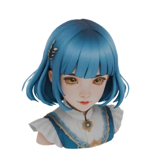 Modelo 3D de busto de garota anime com cabelo azul curto, grandes olhos dourados, vestindo uma blusa branca e um vestido azul