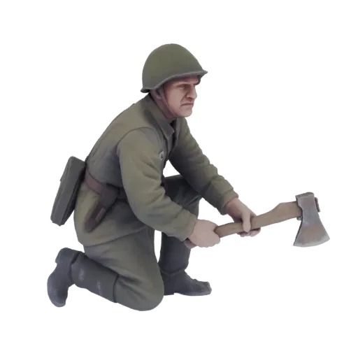 3D model of a Soviet soldier kneeling and holding an axe, wearing a helmet and uniform.