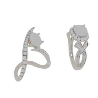 Modelo 3D de um anel de noivado com diamantes e um anel de banda torcida, apresentados lado a lado contra um fundo branco.